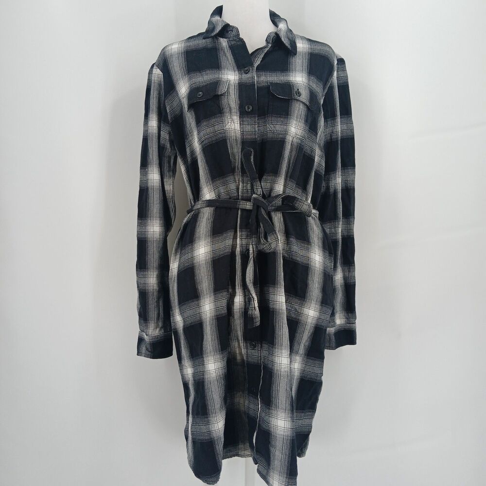 Universal Thread Black White Plaid Long Sleeve Button Down Shirt Dress Belted